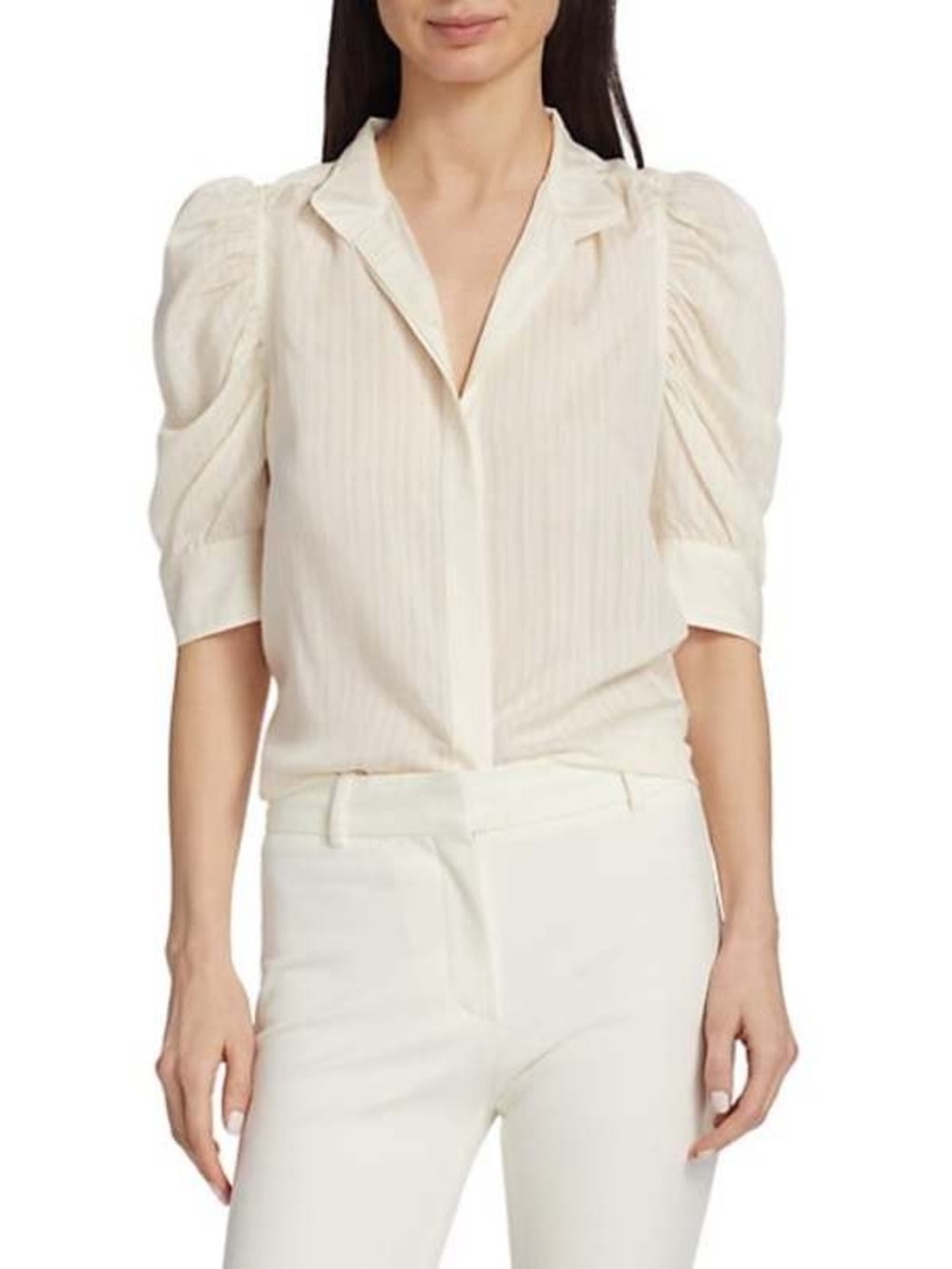 Frame Silk Gillian Top Pinstriped Puffy Sleeve Short Sleeve Blouse Bone XS